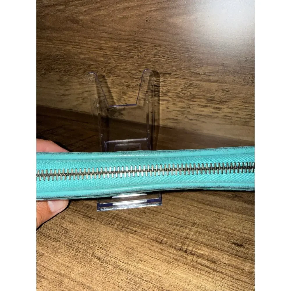 Bottega Veneta Intrecciato Zip-Around Wallet in Turquoise Leather with coa